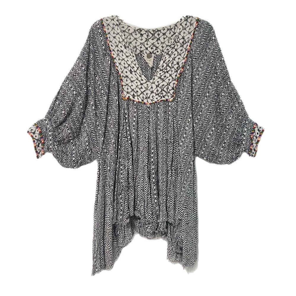 Free People One Mix Print Tunic Top Medium Dress Boho Festival Raw Hem Relaxed - Picture 2 of 15